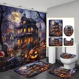 4 pcs Halloween cartoon haunted house style design, exquisite shower curtain set, non-slip floor mat, U-shaped carpet, toilet lid cover, perfect for bathroom decoration, partition, beautify the space, 12 shower curtain hooks are given