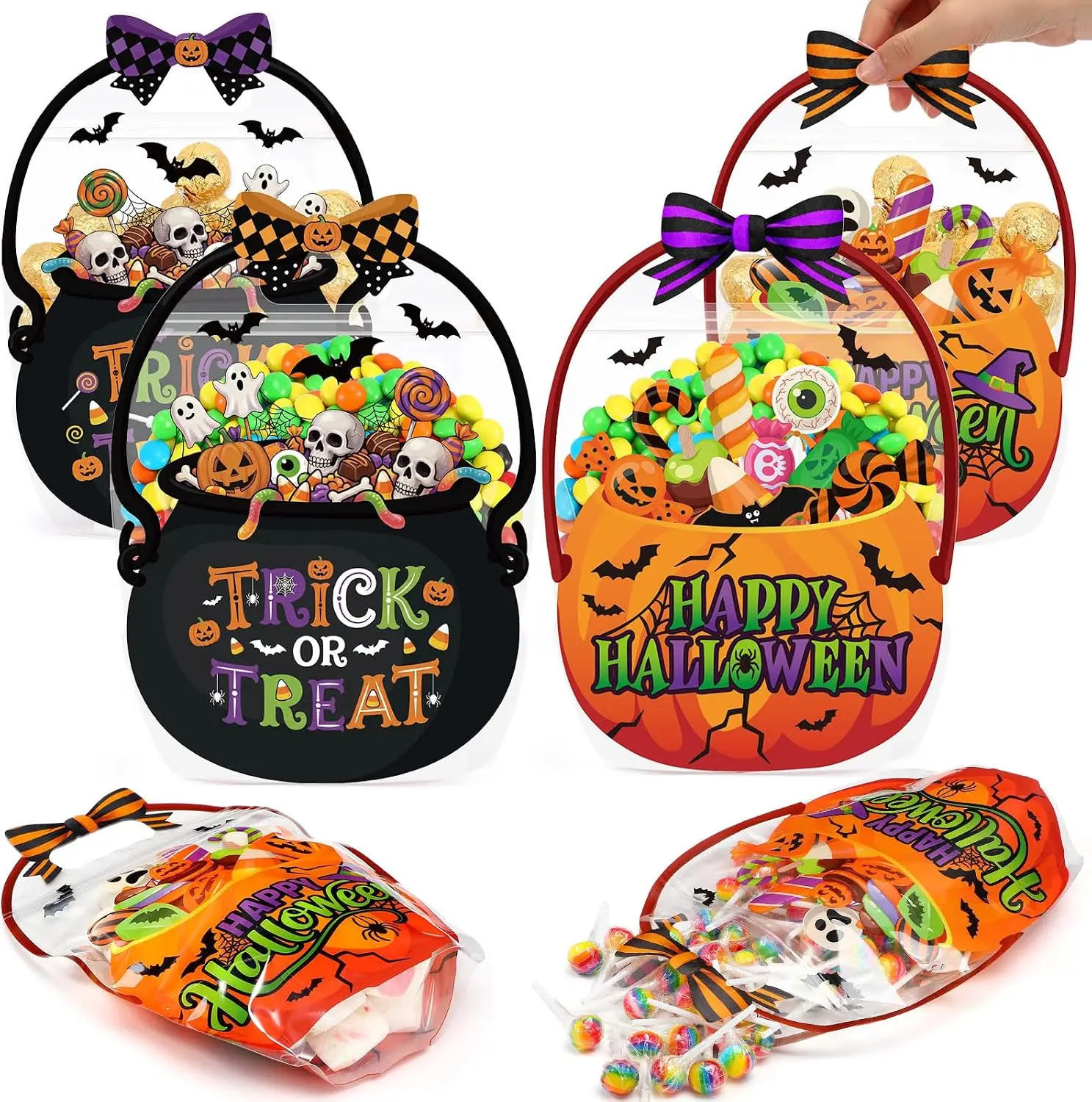 12/25/50 Pcs Halloween Plastic Goodie Bags, Trick or Treat Candy Bags, Cauldron, Skeleton, Black Cat, Skull, Pumpkin Pattern Treat Bags, Halloween Party Favor Snack Storage Bags for Classroom, Birthday, Students, Teachers, Neighbors