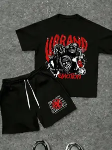Men's Black T-Shirt & Shorts Set, Gothic Three Wise Monkeys Graphic Y2K Retro Streetwear 2 Piece Outfit Casual T-Shirt And Drawstring Waist Shorts Set Y2K Style Fashion Pattern Oversized Casual Streetwear Outfit, Summer Daily Wear