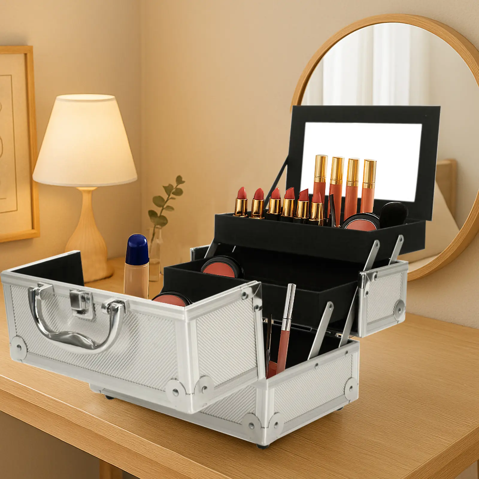 Aluminum Makeup Train Case Jewelry Box Cosmetic Organizer with Mirror 9"x6"x6" Silver