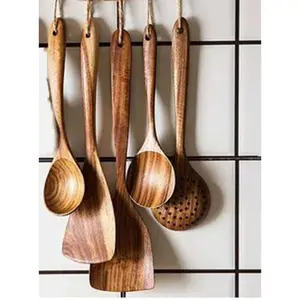 5 Piece Set of Wooden Spoons for Cooking, Natural Acacia Wood, Food Grade Cookware Reusable, Kitchen Utensils, Non-Stick Cookware Available Durable Kitchenware