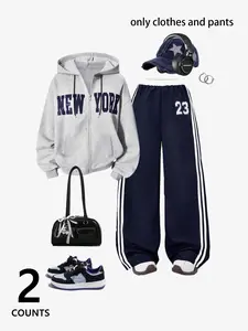 Women's New York Print Colorblock Wide Leg Pants Set, Casual Fitted Drawstring Sweatpants, Fall & Winter Fashion, Daily Wear, Hoodie