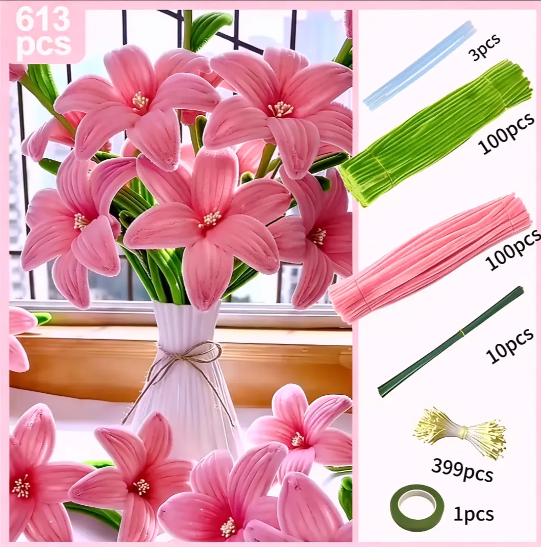 613 Pcs Pipe Cleaner Flower， Pipe Cleaners Craft, Chenille Stems Flowers Craft kit with Flower Stems, Floral Tape, Stamen, Rubber strip