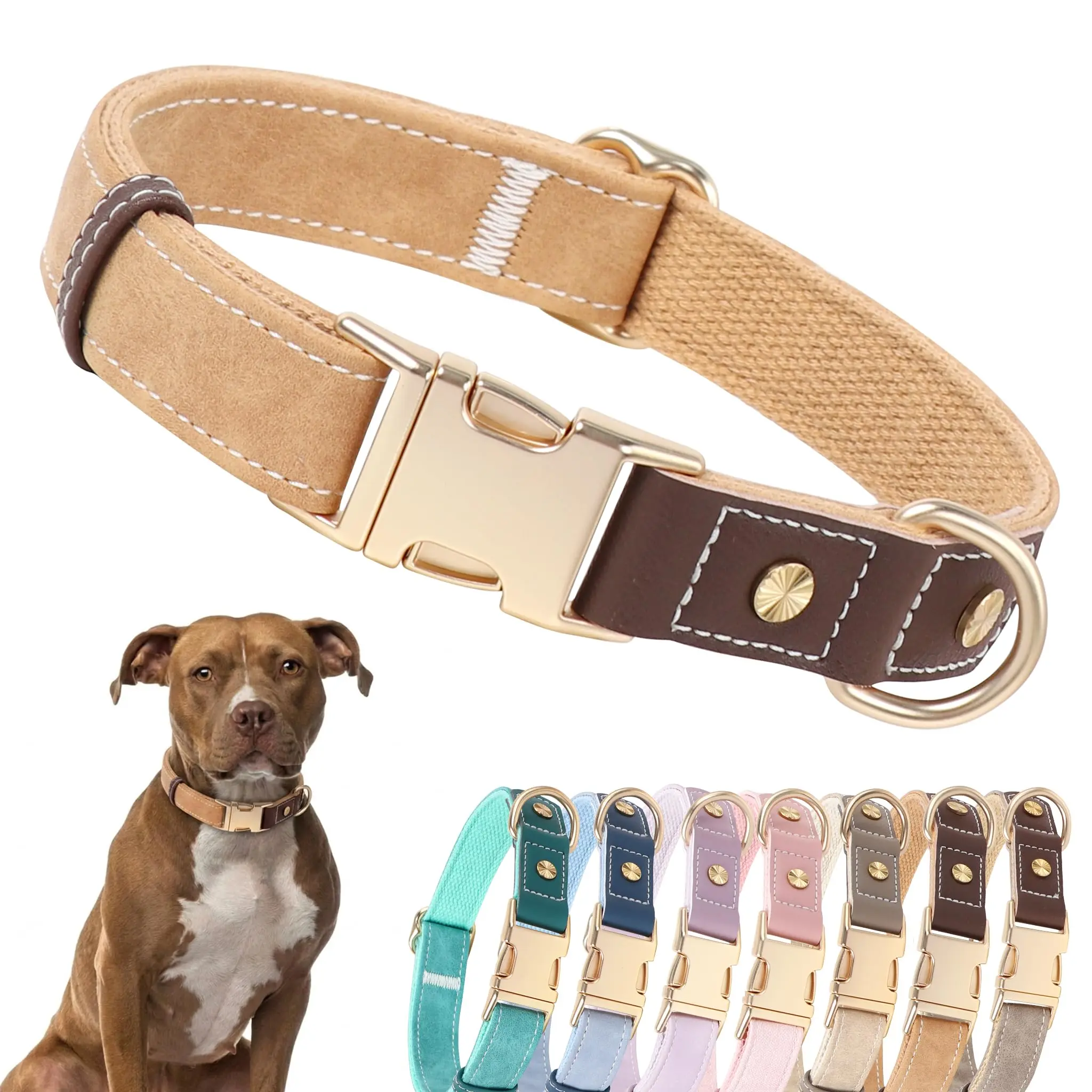 DOGWONG Classic Brown PU Leather Dog Collar — Adjustable Easy-Clean Collar with Quick-Release Metal Buckle for Small, Medium & Large Dogs