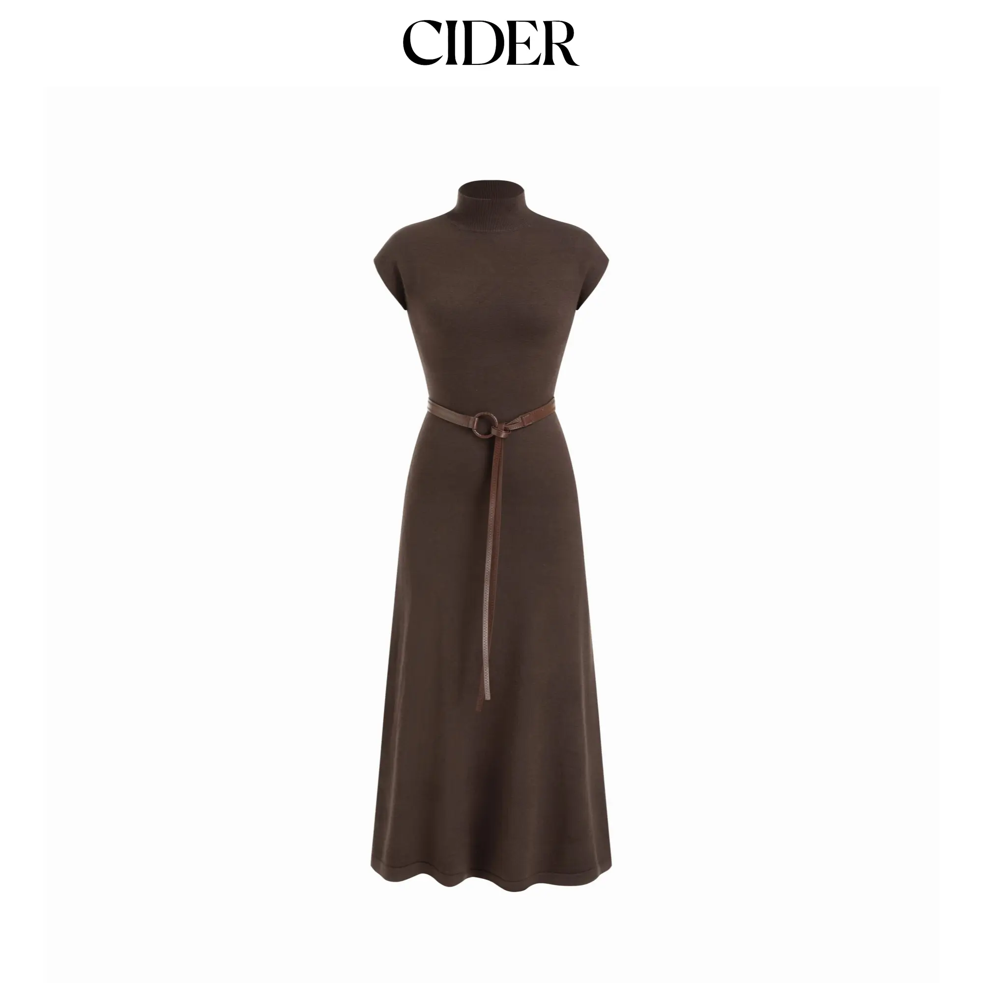 Cider Knit High Neck  A-line Maxi Dress With Belt
