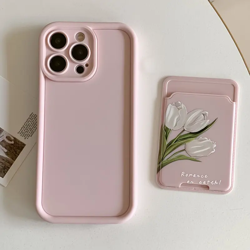 2-Piece Set Anti-Drop Tpu Protective Phone Case for iPhone Models, Tulip Pattern Aesthetic Soft Cover, Tpu Soft Shell, Includes Self-Adhesive Card Holder