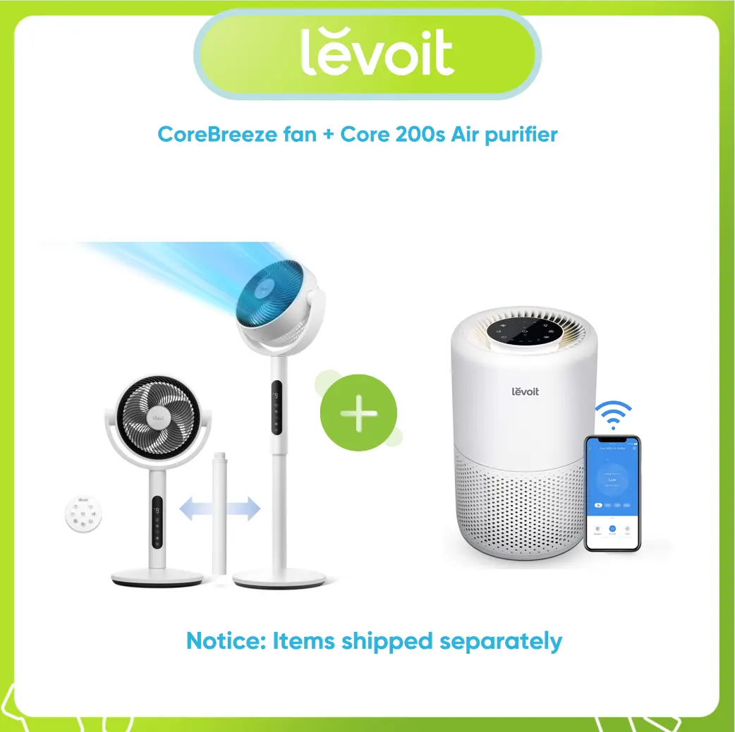 Levoit Home Comfort Bundle: Core 200S Smart WiFi Air Purifier (3-in-1 Filter, High CADR, Corded AC) & CoreBreeze Standing Oscillating Fan (Remote Control, 9 Speeds, DC Motor, Pedestal/Tabletop Modes), Remotecontrol