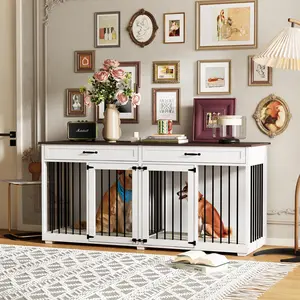 FUFU&GAGA Dog Crate,72.4Inch Wooden Kennel, Modern Decorative End Table, Dog House with Doors, Drawers, Divider, Indoor Cage for Large Medium Dogs