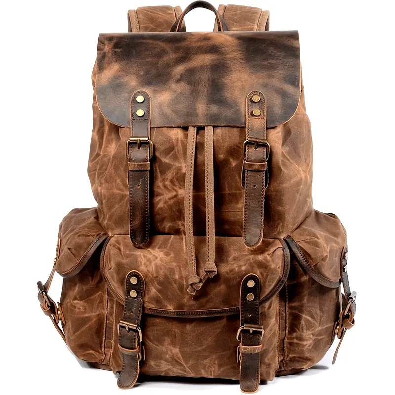 Waxed Canvas Backpack for Men, Waterproof Vintage Leather Laptop Rucksack for Travel, 22L Carry-On fits 15.6 Inch Laptops, Waterproof Laptop Backpack
