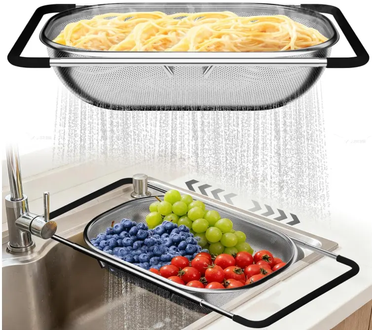 Over the Sink Colander Strainer Basket, Expandable Fine Mesh Strainer with Rubber Grip