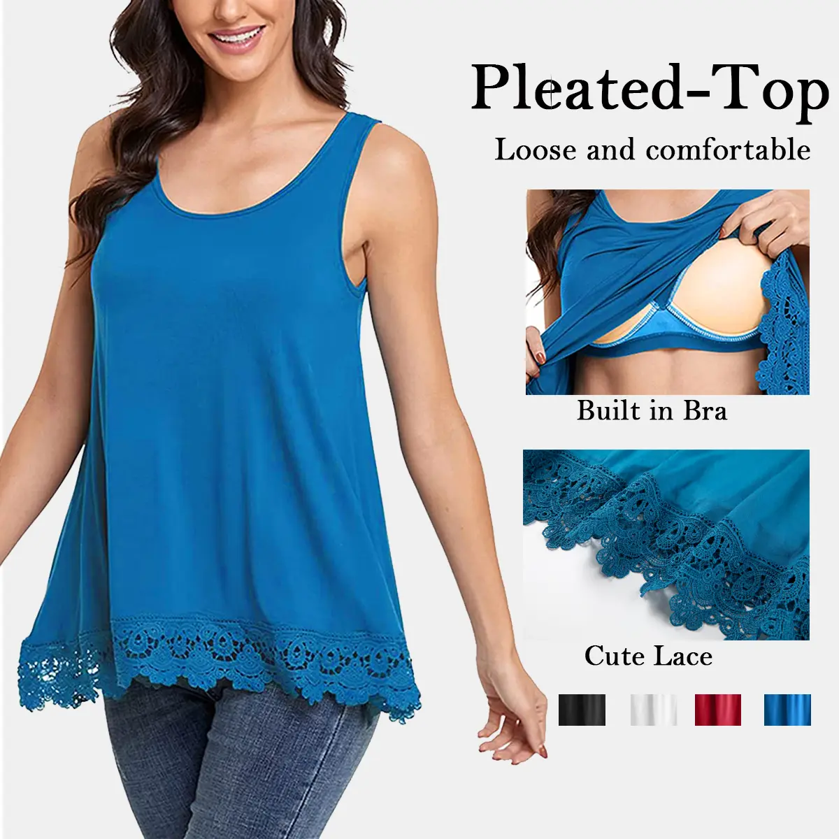 【Plus Size】Women's Plus Size Camisole with Built-in Bra, Flowy Rayon Spandex Swing Tank Top with a Scoop Neck and Lace Hem, Fabrics, Gorgeous, Plussize, Thanksgiving, Jeans, Oversize, Easter