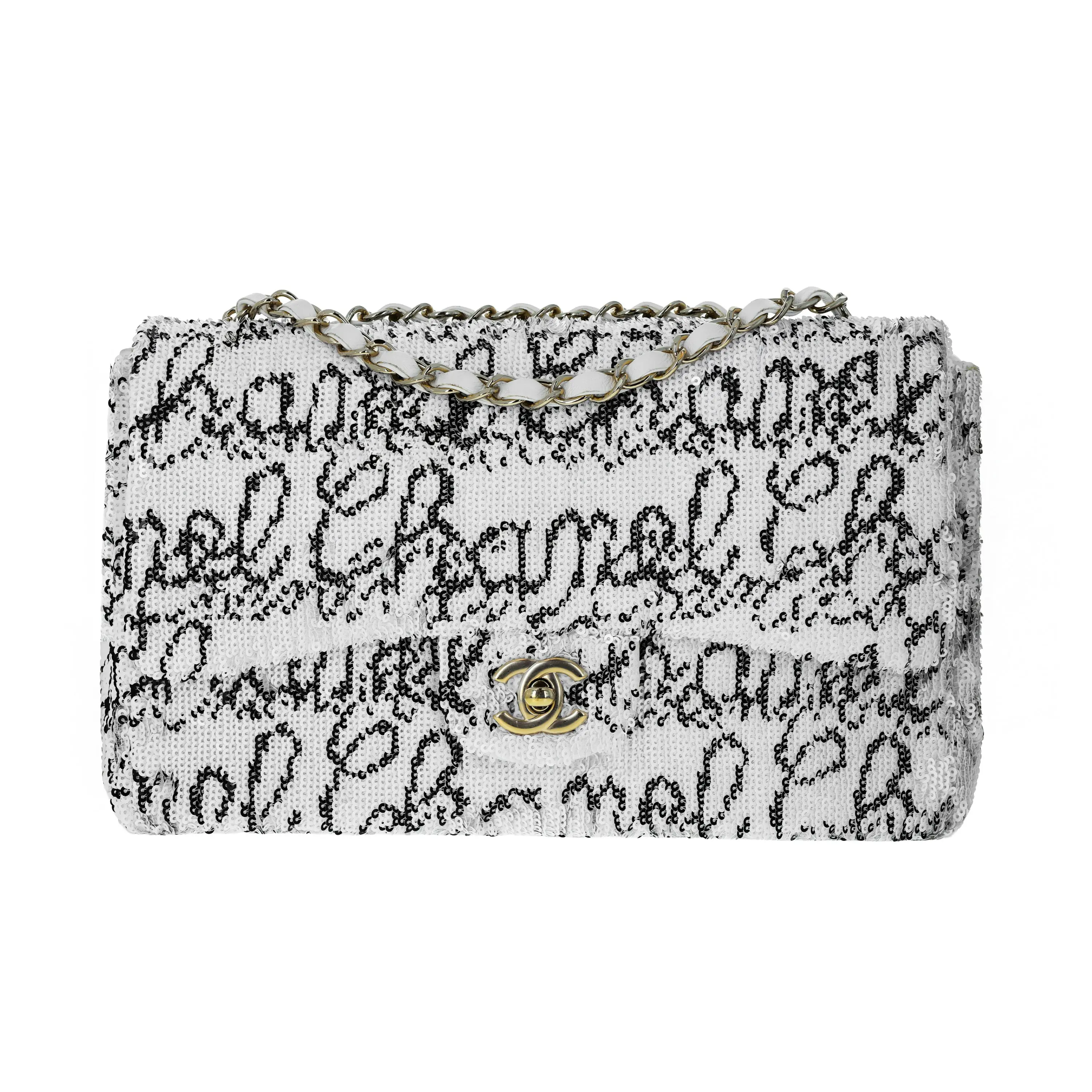 Pre-owned CHANEL Sequin Crossbody Bags Classic Logo Flap Medium Black White