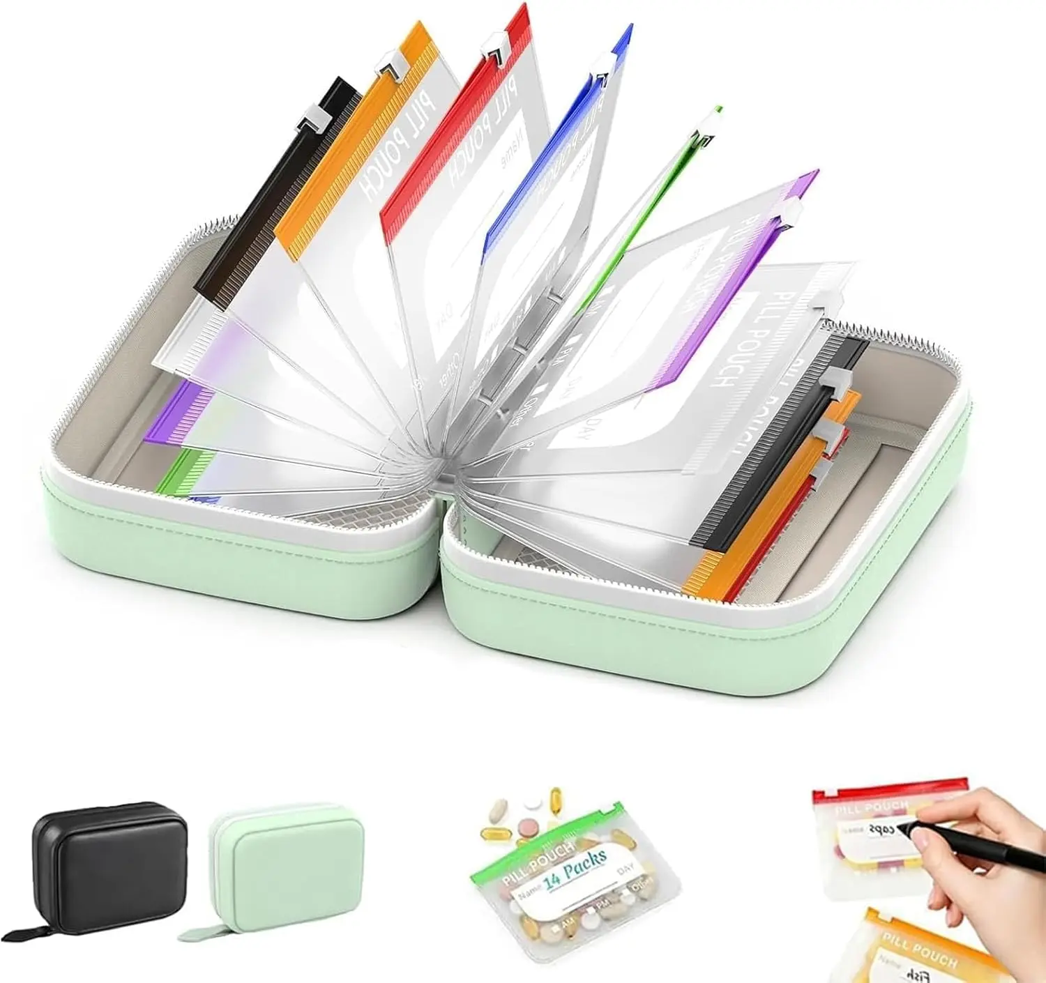 A8 Waterproof Pill Pouch Set, Large Weekly Pill Organizer with 14 Color-Coded Medicine Pouches, Reusable Travel Medicine Organizer, Zippered Pill Storage for Fish Oils, Vitamins（Black）