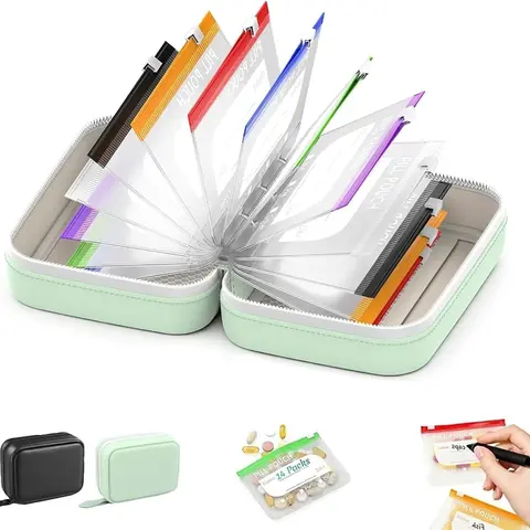 A8 Waterproof Pill Pouch Set, Large Weekly Pill Organizer with 14 Color-Coded Medicine Pouches, Reusable Travel Medicine Organizer, Zippered Pill Storage for Fish Oils, Vitamins（Black）