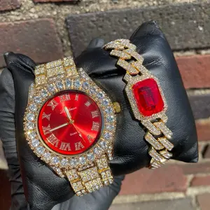 Mens Iced Bling Out Red Dial Watch, Bracelet Set