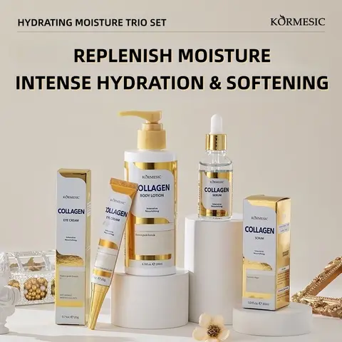 TrendReady Collagen Cosmetic Gentle Spa Set - 3-in-1 Self Care Bundle Box with Eye Cream, Face Serum, Body Lotion, Hydrating Moisture for Women, Daily Water Reset, Nourishment for All Skin Types