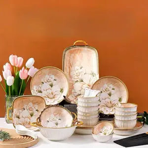 8/16/33/43-Piece Camellia Pattern Ceramic Dinnerware Set, Scratch-Resistant Tableware, Safe Glaze, Microwave and Dishwasher Safe, Suitable for Serving Desserts, Appetizers, and Main Courses Cutlery
