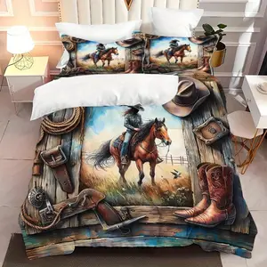 3-Piece Horse Riding Cowboy Print Bedding Set - Soft and Comfortable, All-Season Polyester Duvet Cover and Pillowcase, Multi-Color Horse Riding Design, Perfect for Home and Guest Room, Machine Washable, Horse Riding Decoration |   Western Theme Decoration