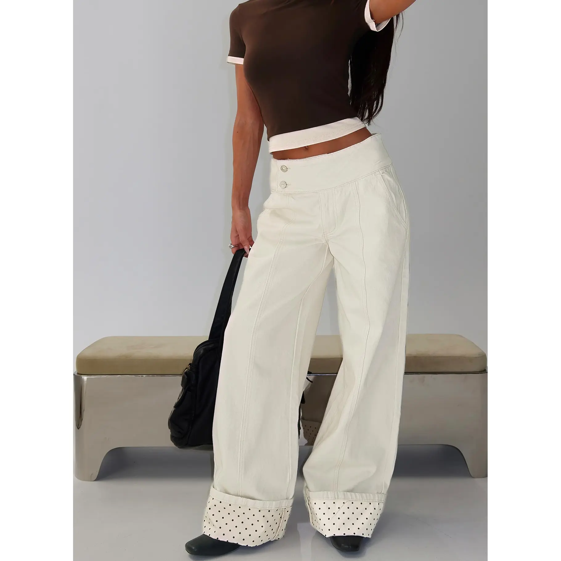 Nikoletta Foldover Jeans Cream / Polka