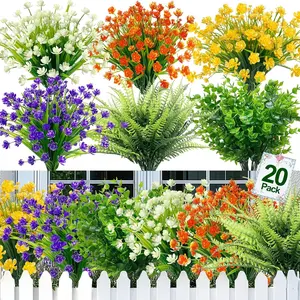 TURNMEON 20 Bundles Artificial Flowers for Outdoors, Summer Spring Grass Camellia Fake Flowers Fern Plants Eucalyptus UV Resistant No Fade Greenery for Garden Porch Indoor Cemetery Decor(Mix 6 Styles)-summervibes