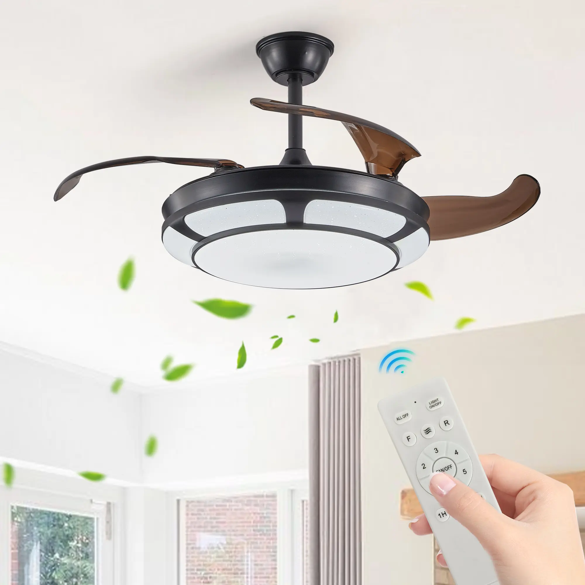 42" Retractable Ceiling Fan with Light, Modern LED Chandelier Fan with Remote Control, 6 Speed Adjustable Blades, Quiet Motor, Dimmable Lighting for Living Room, Bedroom, Dining Room Lamp Home Interior