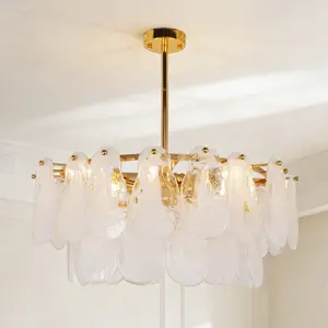 23.6 Inch Modern Gold Double Layer Glass Chandelier, Medieval Style Teardrop Pendant Light, 6 E14 3-Color LED Bulbs Included for Dining Room Bedroom