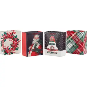 Hallmark 9" Medium Christmas Gift Bag Bundle (4 Bags: Traditional Santa, Holly Wreath, Snowy Red Car, Red and Green Plaid) for Friends, Coworkers, Teachers, Neighbors Hallmark