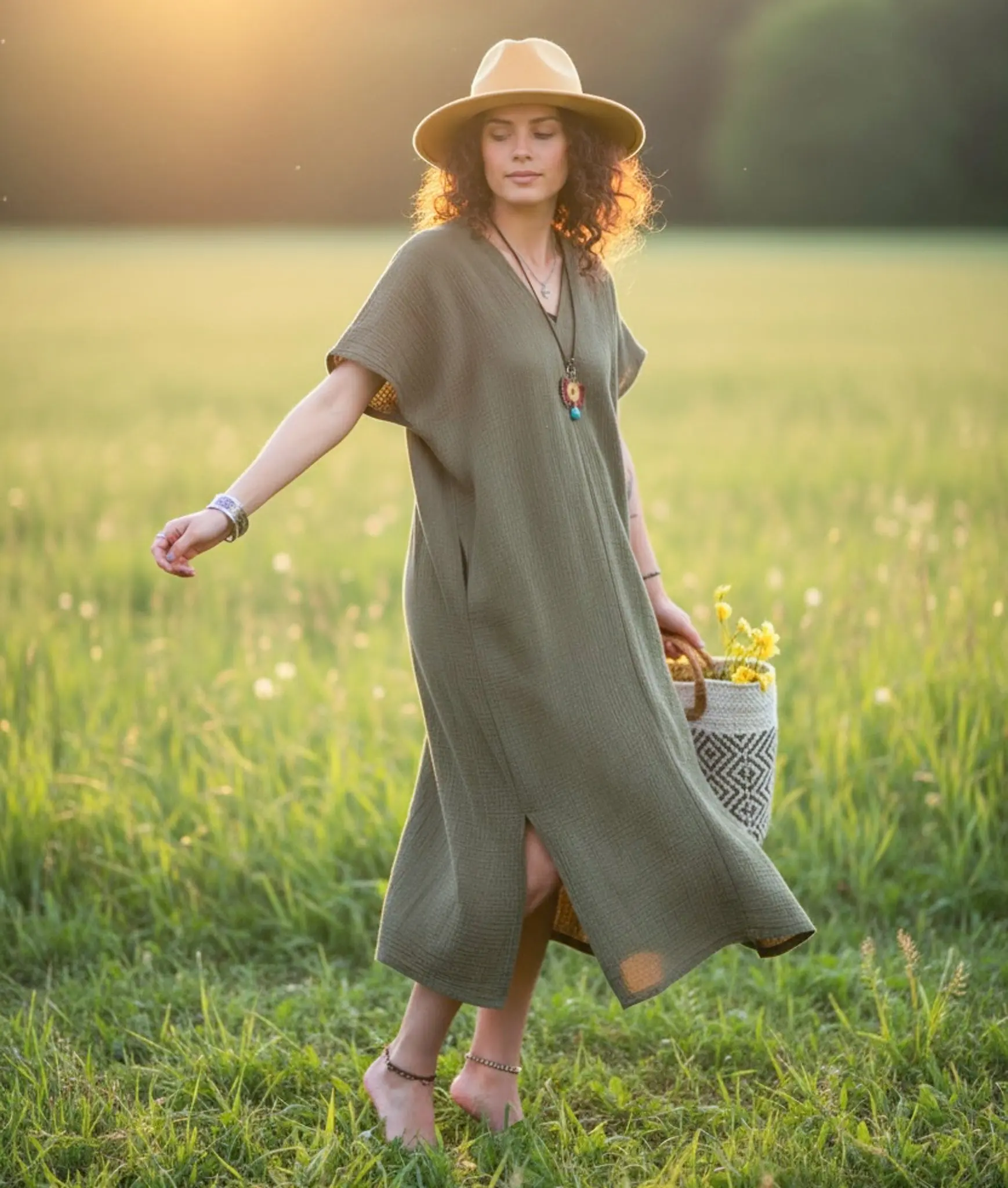 Olive Ease Kaftan Dress | Minimalist Organic Cotton Double Gauze Dress