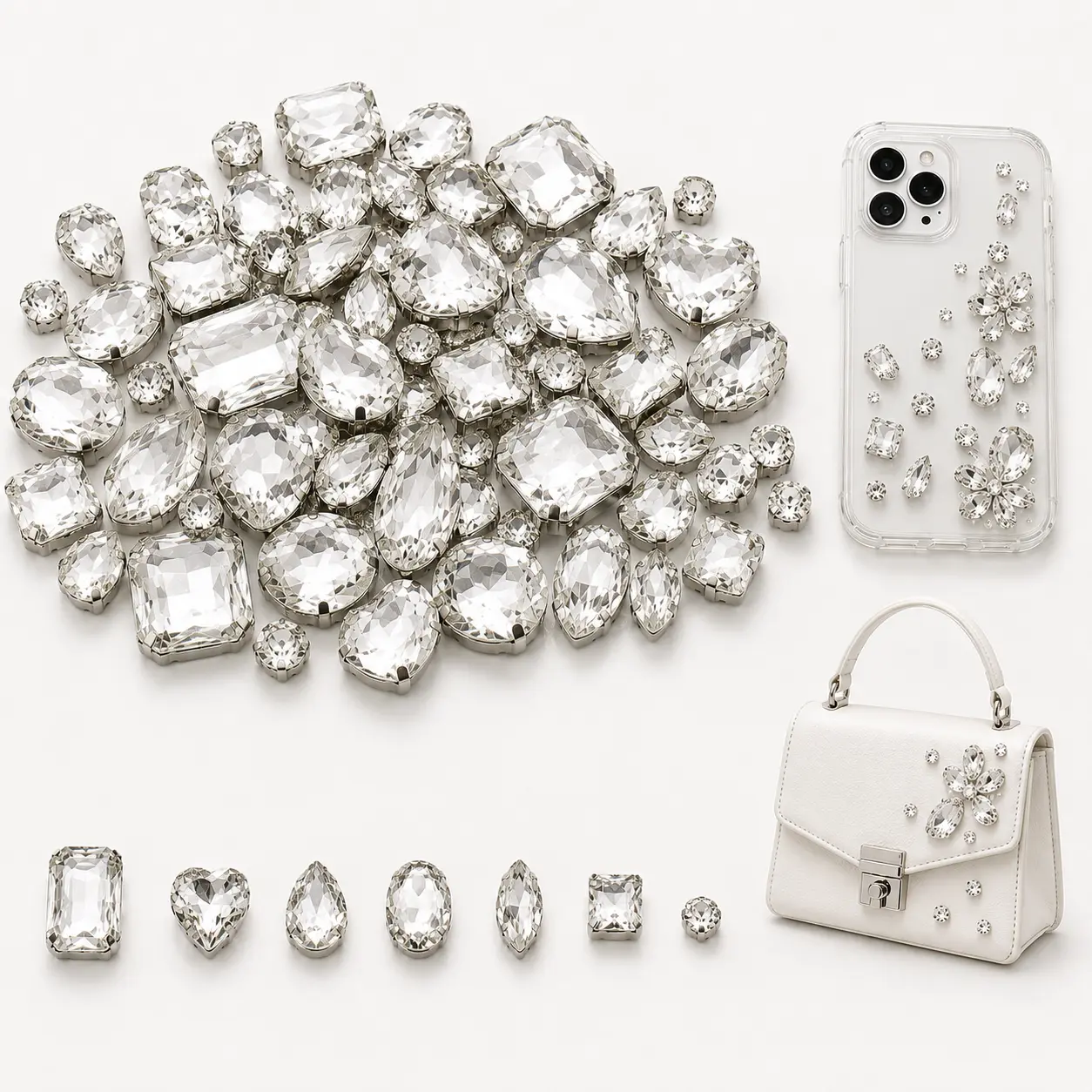 130-Piece Clear Glass Rhinestone Mix, Sew-On Prong-Set Gems in Assorted Shapes for DIY Clothing, Shoes, Costumes, Bags, Jewelry and Creative Bedazzling Crafts