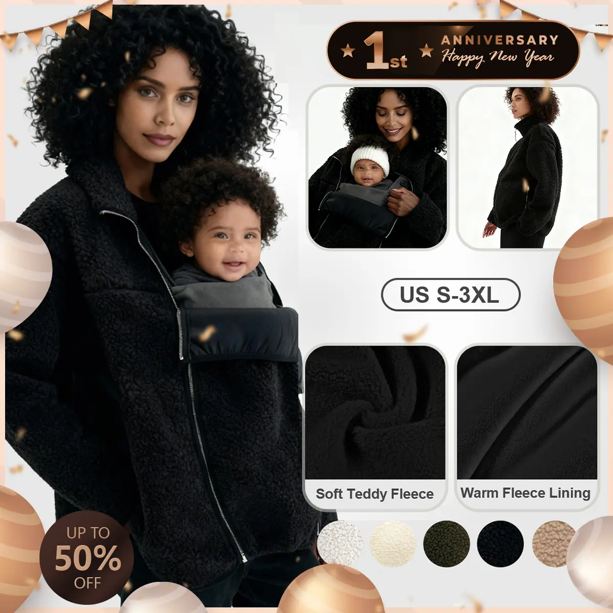 Pwest MAMA Women Before & After Babywearing Fleece Jacket Soft Teddy Fleece, Long-sleeve Zippered Jacket with Pocket, Detachable Babywearing Panel, Winter Warmth, 2 in 1 Design-Black-BlackFriday,back to school,back to school haul