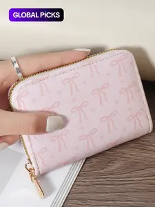 Fashionable Bow Pattern Short Wallet, Lightweight and Elegant Women's Card Bag, Cute Card Holder, Simple and Casual Multi Slot Card Holder, Glossy Card Bag, Credit Card Organizer, Zipper Card Holder, Zipper Card Slots