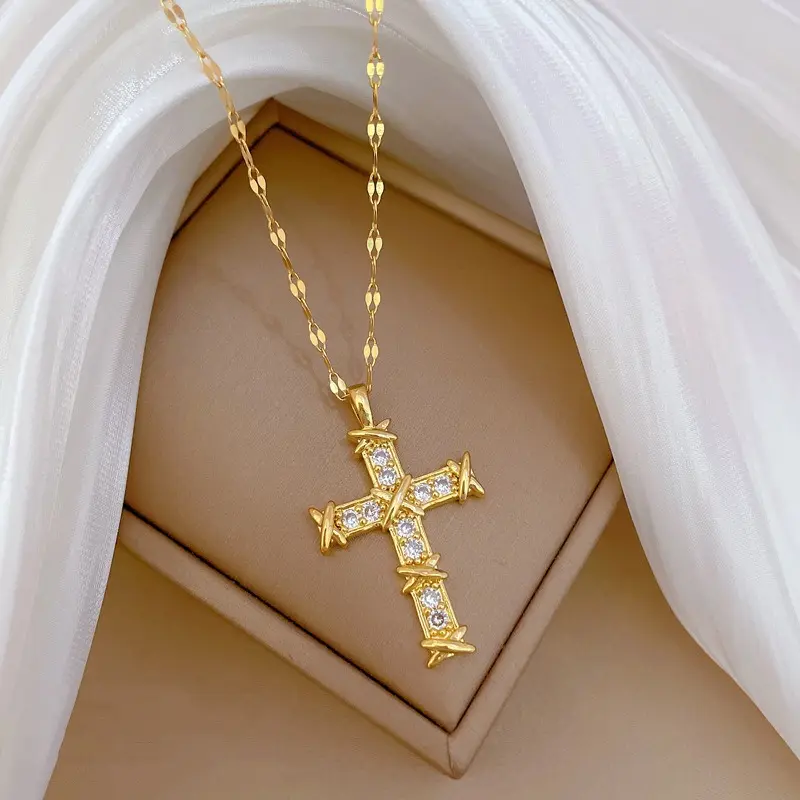 Ornate Cross Necklace for Women in Copper, Vintage-Inspired Pendant with Prong-Set Cubic Zirconia, Short Adjustable Chain, Cross Necklaces, Casual