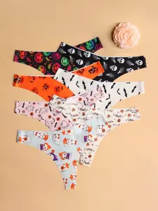 Women's Graphic Print Womenswear Seamless Thong, Soft Comfy Breathable Halloween Drop Waist Panties for Fall Daily Wear, Fall Underwear for Women, Women's Underwear for All Seasons, Thong Set for Women, Cute