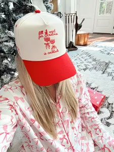 All I Want for Christmas is Cocktails Red Vintage Trucker Hat with 3 Embroidered Bows Adjustable Snapback