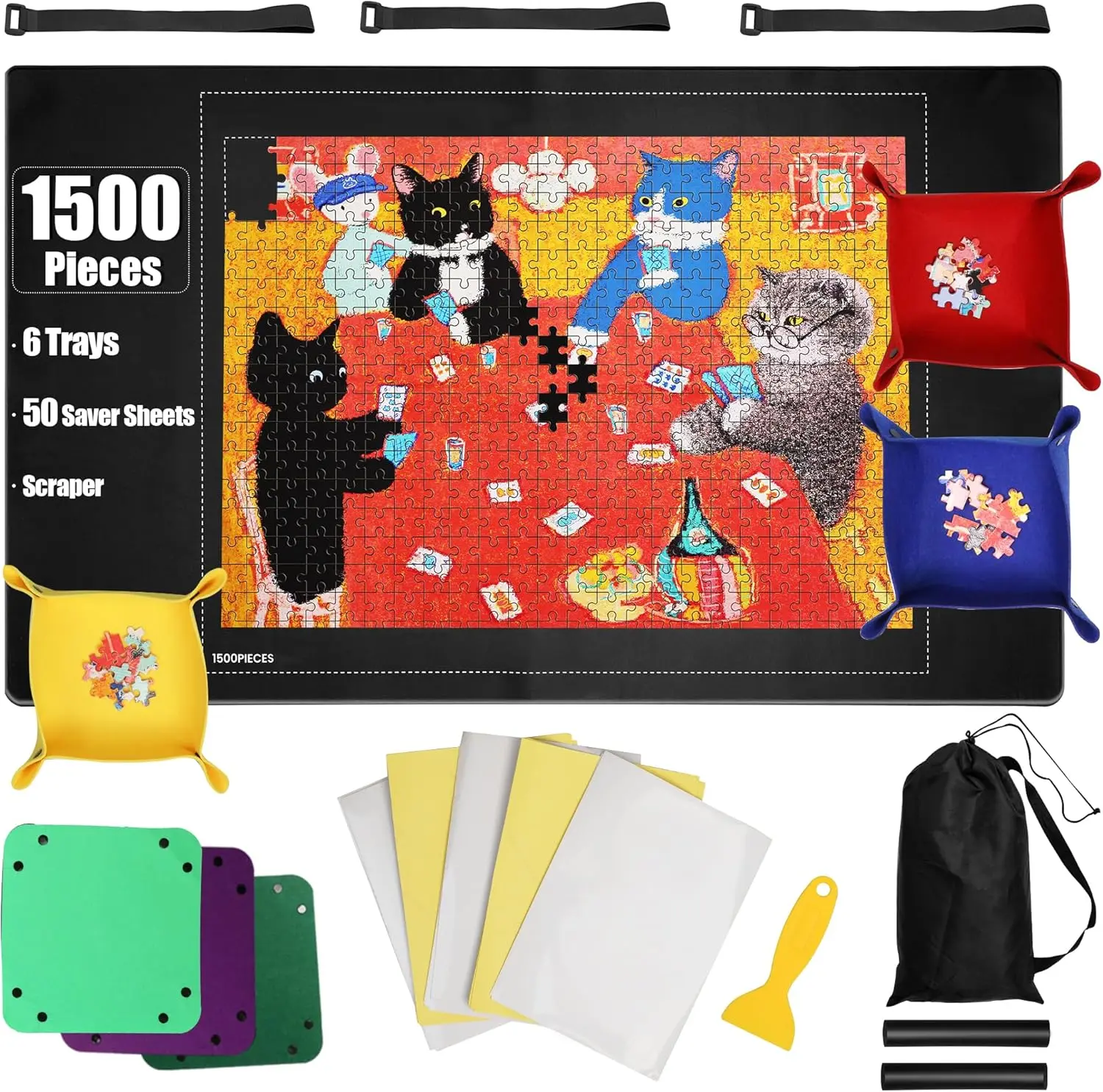 Puzzle Mat 46x26 Inch Portable Puzzle Station for 1000+Pieces Non Slip Base Top with 6 Trays+Storage Bag Bonus 50 Sheets & Tool Floor Table Work Organize Protect