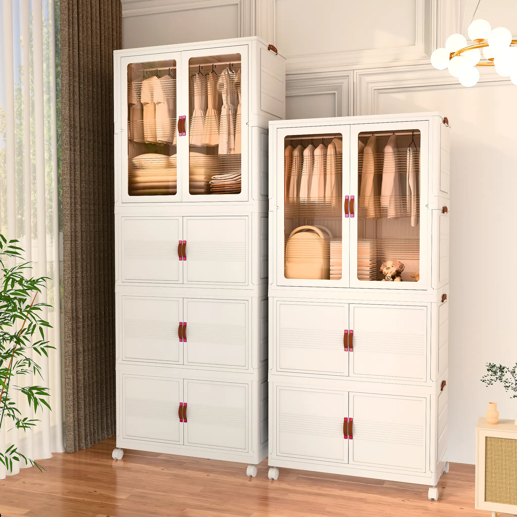 Foldable Storage Cabinet with Wheels – Stackable Plastic Organizer Bins with Magnetic Doors for Closet, Bedroom & Dorm