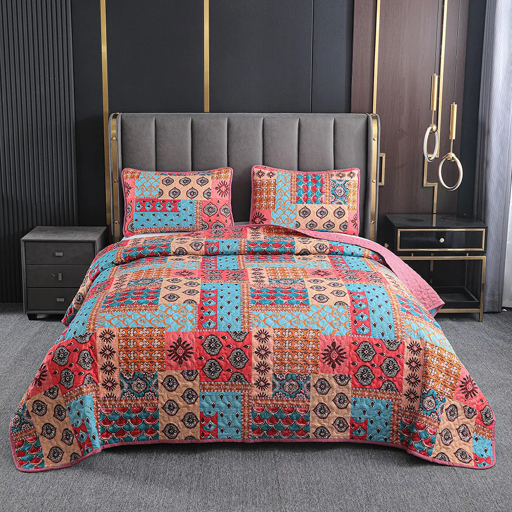 2/3pcs Boho Patchwork Floral Quilt Bedspread Set, Quilted Lightweight Coverlet, Reversible Bedding Blanket with Pillow Shams, Machine Washable, 1 Quilt + 1/2 Pillowcases