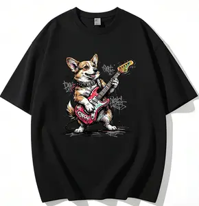 Rockin Corgi Vintage Graphic Tee Electric Guitar Graffiti T-Shirt Oversized Streetwear Unisex Heavy Cotton Corgi Lover Rock And Roll Top