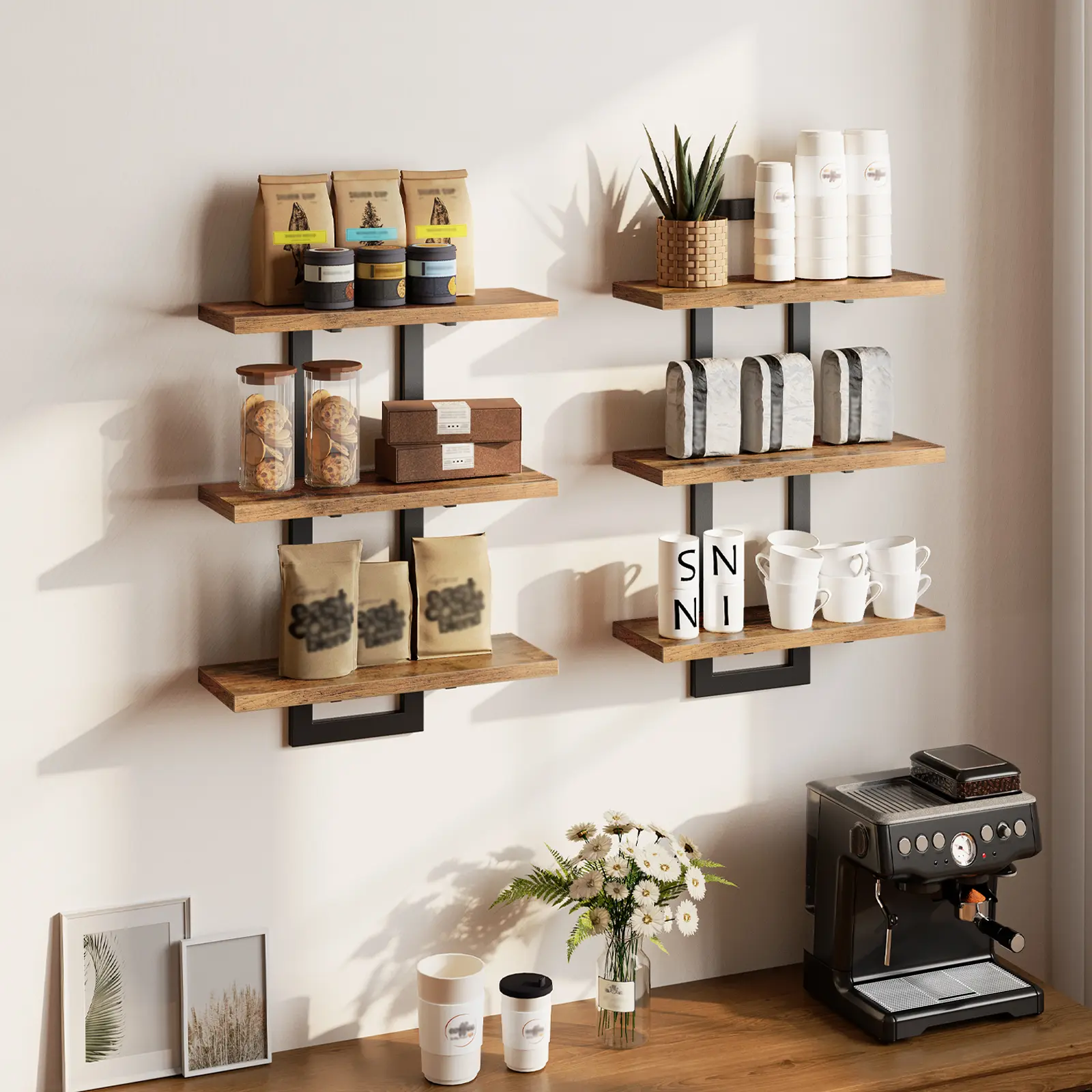 HOOBRO Set of 2 Wall Floating Shelves, 3-Tier Wall Mounted Storage Shelves, Hanging Bathroom Shelves, for Living Room, Bedroom, Bathroom, Kitchen, Rustic Brown and Black