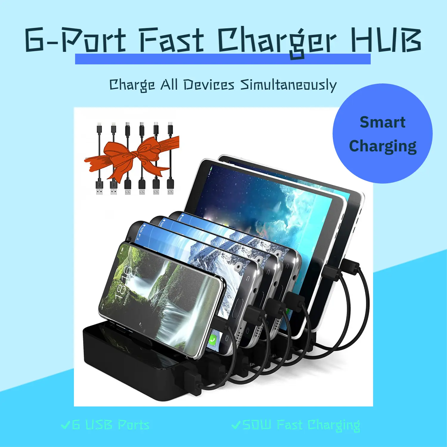 CHARGEKNIGHT 50W 6-USB Mobile Fast Charger Adapter - 6-in-1 Hub, All-in-1 Stand, Cable Adapter Charger with Included Cables, Multi-Device Compatible with iPhone/iPad, Android Smartphones (Type-C EU), Fast Chargers