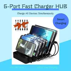 CHARGEKNIGHT Charging Station for Multiple Devices, 50W 6 USB Ports Family Charger Compatible with apple iPhone iPad and Android Phone and Tablet