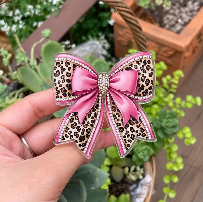 Pink Leopard Pearl Bow MagSafe Phone Grip - Magnetic Phone Stand Holder - Glam Coquette Accessory Wireless Phone Holder Portable Phone Holder