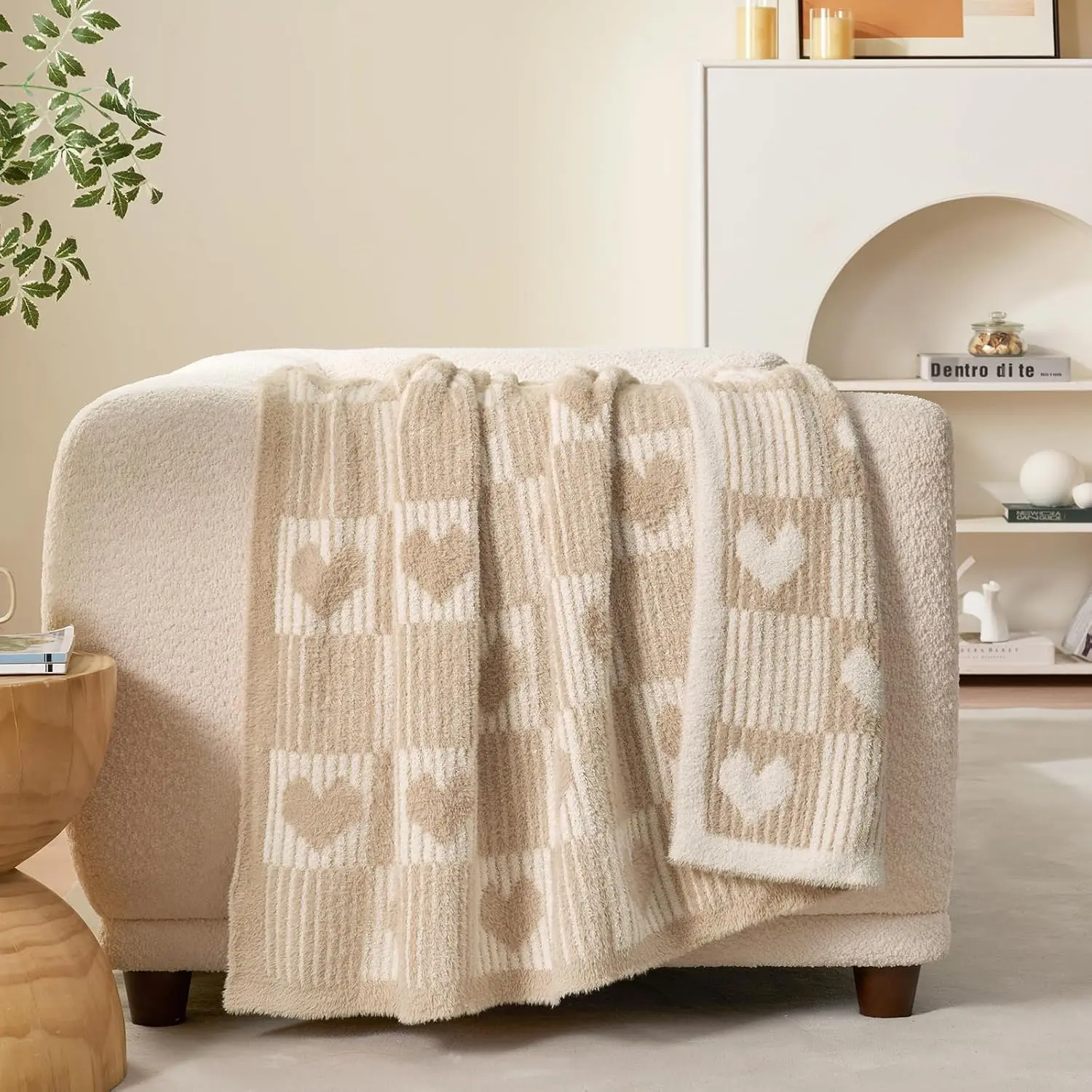 Heart Checkered Throw Blanket for Women,Love Blanket Heart Blankets for Her Wife Girlfriend Mom,Super Soft Warm Fluffy Faux  Blanket for Couch Sofa Bed,Beige Heart,50x60 inches