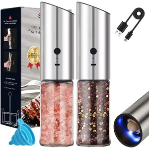 Electric Salt and Pepper  Set - USB Rechargeable Gravity Salt and Pepper Shakers, Automatic Glass Mill with Adjustable Coarseness, LED Light, -Hand Operation for Kitchen & Dining