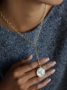 Ladies Chain Link Drop Necklace Color Blocked Coin Pendant Y Shaped Chain Tassel Stainless Steel 18k Gold Plated Waterproof And Anti Allergy Designer s Unique And Elegant Banquet Jewelry