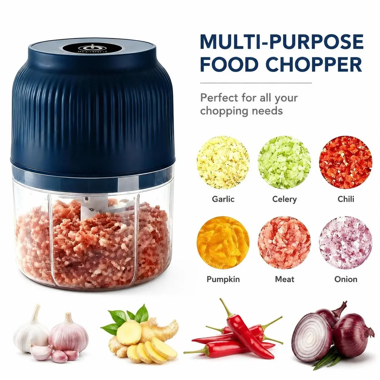 Electric food chopper, mini meat grinder, garlic press, USBrechargeable, portable kitchen gadget, suitable forgrinding/chopping meat, vegetables, onions, ginger, andpeppers
