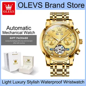 OLEVS 6607 Men's Gold Automatic Mechanical Watch, Luxury Business Skeleton Wristwatch with Roman Numerals, Multi-Functional Dial with Year, Month, Date & Week Display, Luminous Hands, Water Resistant Stylish Dress Watch, Premium Gift for Gentlemen