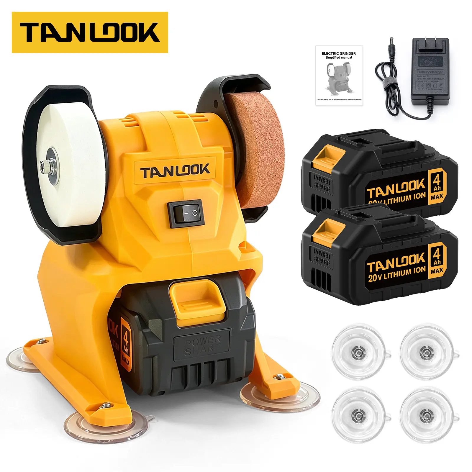 TANLOOK 20V Lithium Ion Cordless Bench Grinder - Portable Desktop Power Tool with Dual Grit Wheels, 5500 RPM, Batteries & Cells Included for Knife, Chisel Sharpening, Woodworking Enthusiasts