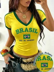 SlaySleep x Sable x Rovax Women's Y2K Brazil Print Crop Top, V Neck Short Sleeve Slim Fit Tee, Retro "BRASIL RIO DE JANEIRO" Graphic T-Shirt, Perfect For Summer Beach, Casual Streetwear & Vacation Outfits