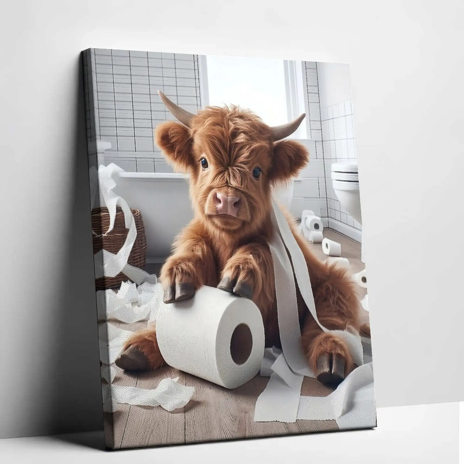Unframed Funny Highland Cow Canvas Art Toilet Paper Poster Cute Bathroom Wall Decor Farmhouse Animal Print